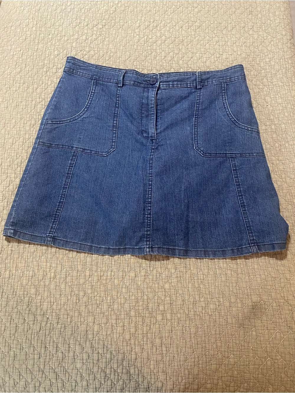 White Stag Denim Mini Skirt with Front Patch Pockets and integrated shorts
